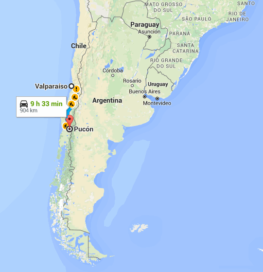 Valparaiso to Pucon Map