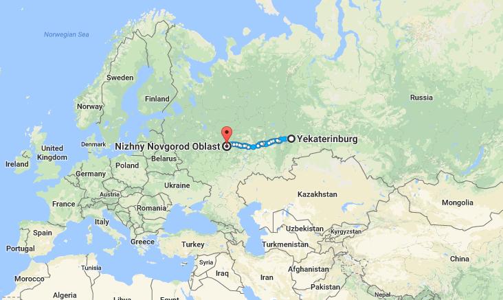 Yekaterinburg to Nizhny Novgorod map