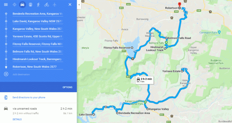 map bendeela to robertson with other places in between